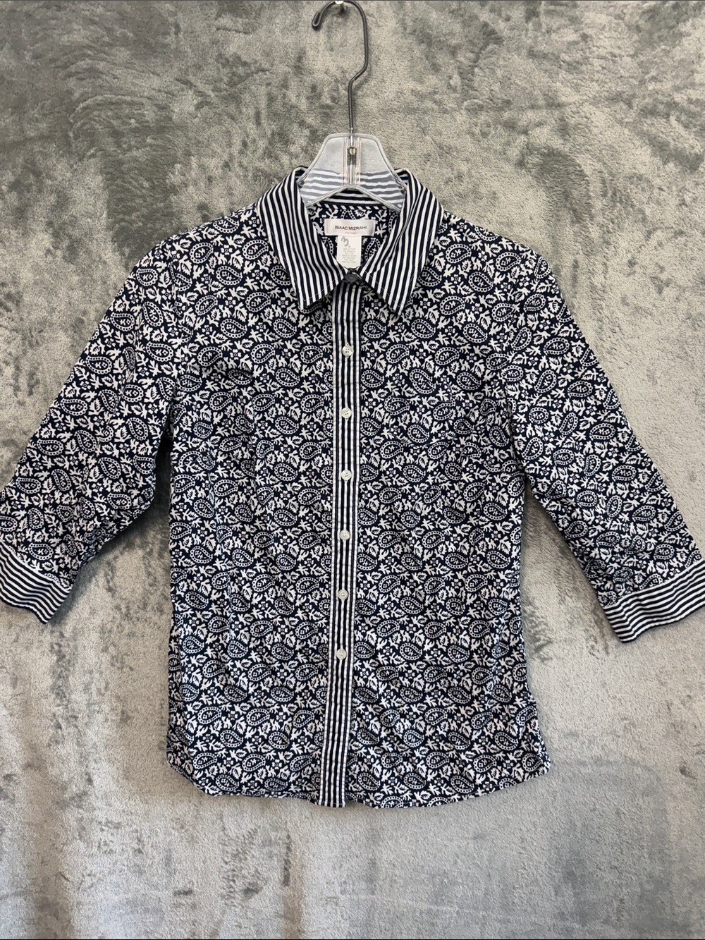 Isaac Mizrahi black White Patterned Button-Down Shirt 3/4 sleeve cotton blend